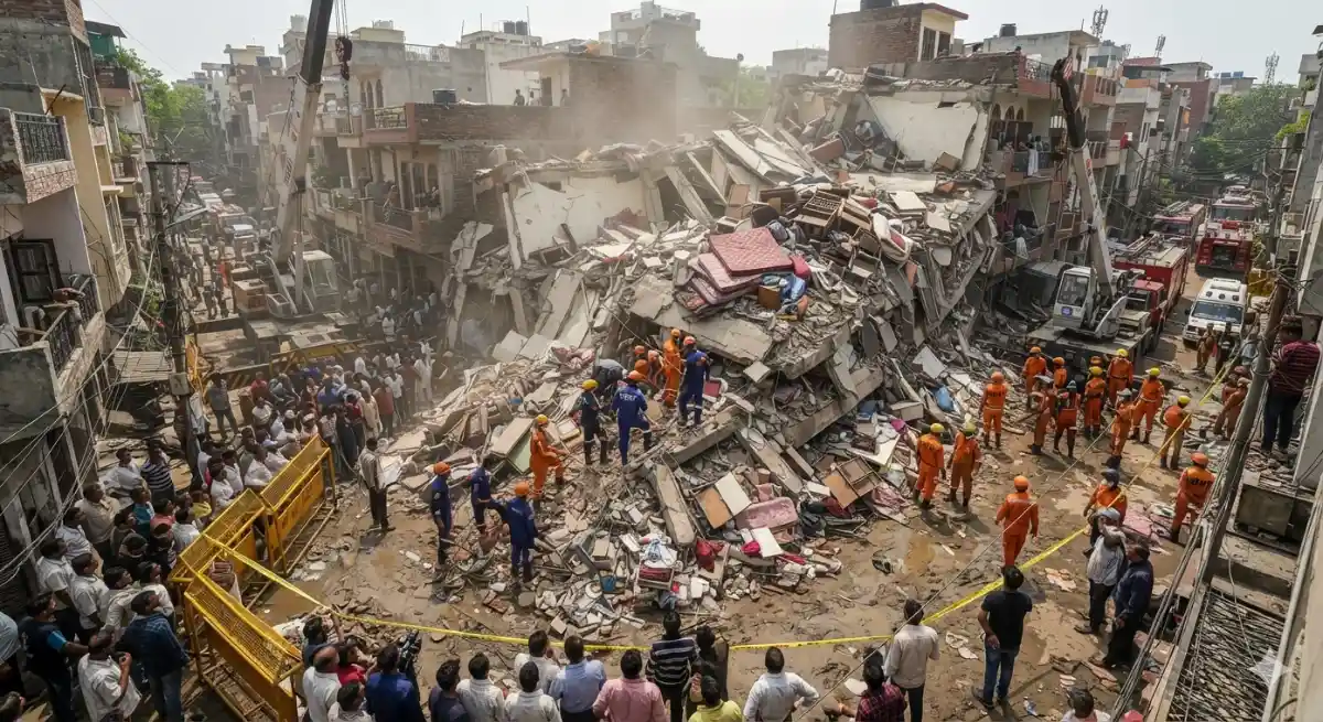 दिल्ली के सत्य निकेतन में दर्दनाक हादसा: 5 मंजिला PG भरभराकर गिरा, 7 की मौत; बेसमेंट के काम पर उठे सवाल