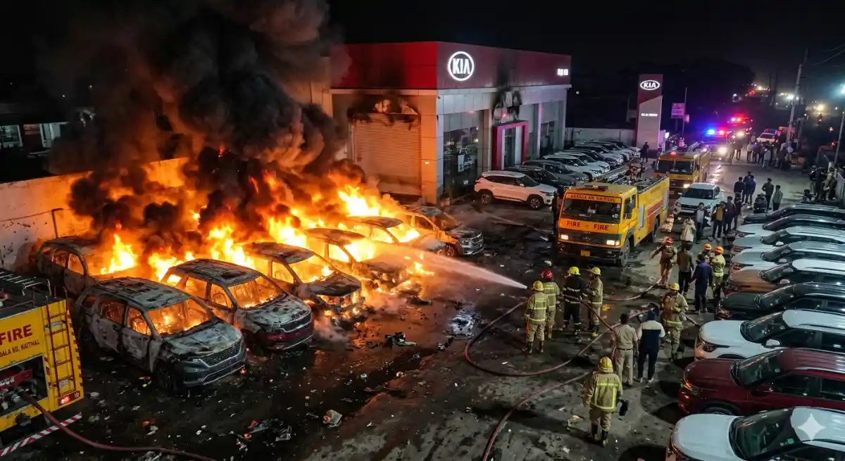 Raja Kia Showroom में लगी भीषण आग, 80 लाख की 6 गाड़ियां जलकर राख; मुस्तैदी से बची करोड़ों की कारें