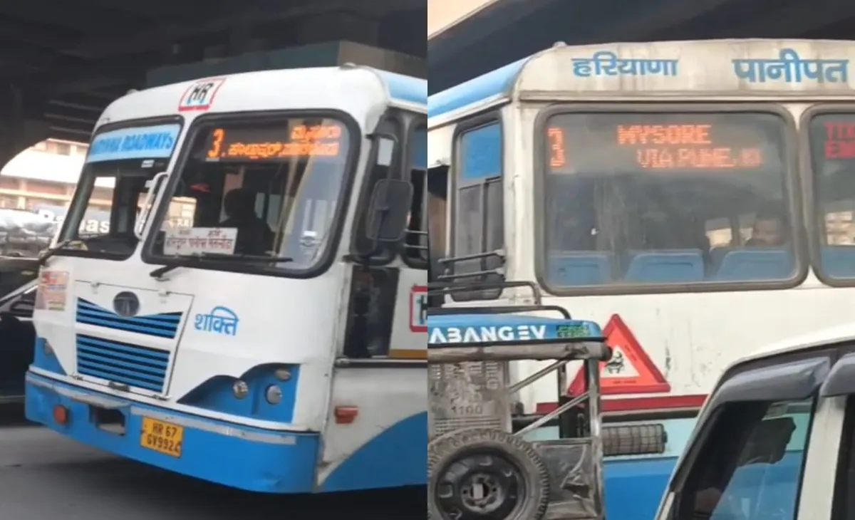 पानीपत लोकल रूट की रोडवेज बस के डिजिटल बोर्ड पर अंग्रेजी और कन्नड़ में लिखा "मैसूर वाया बैंगलोर, पुणे", यात्री कन्फ्यूज़